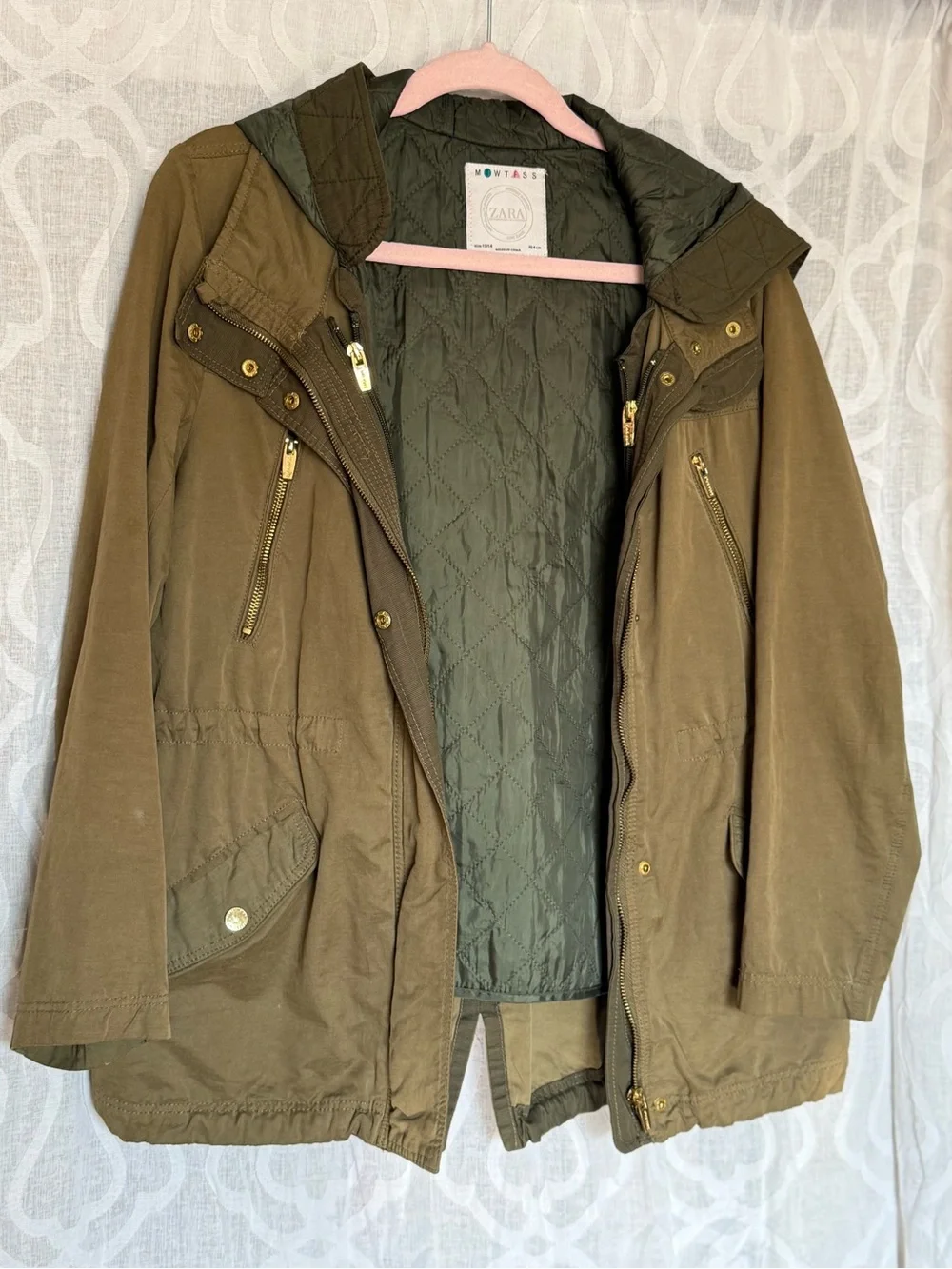 Zara Olive Green Utility Hooded Parka with Quilted Lining